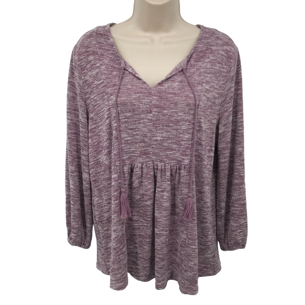 Style & Co Womens Soft Knit Purple Space Dye Tassel Pleated Long Sleeve Top Sz M